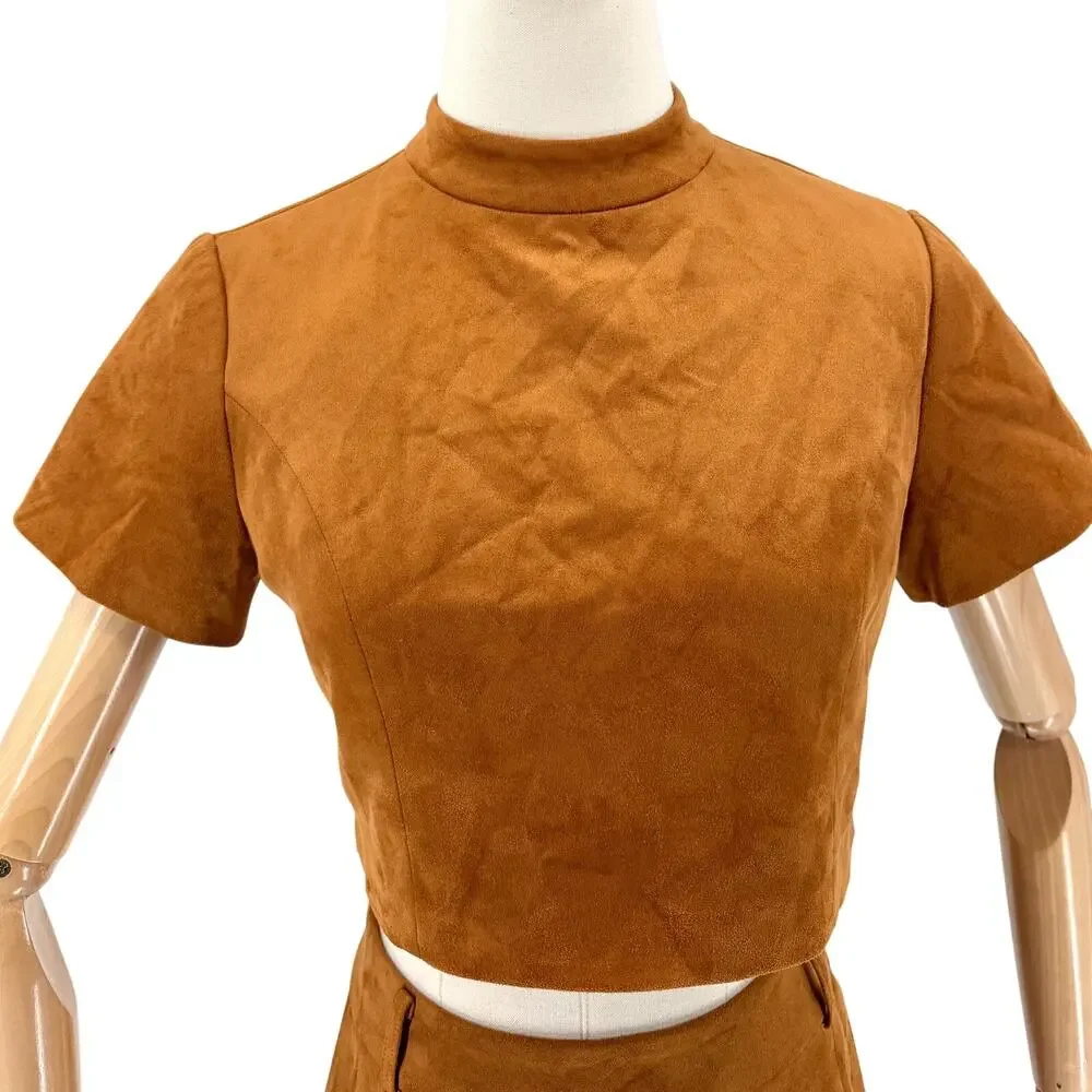 New JW PEI Brown Faux Suede Two Piece Crop Top Mini Skirt Set - Picture 2 of 10